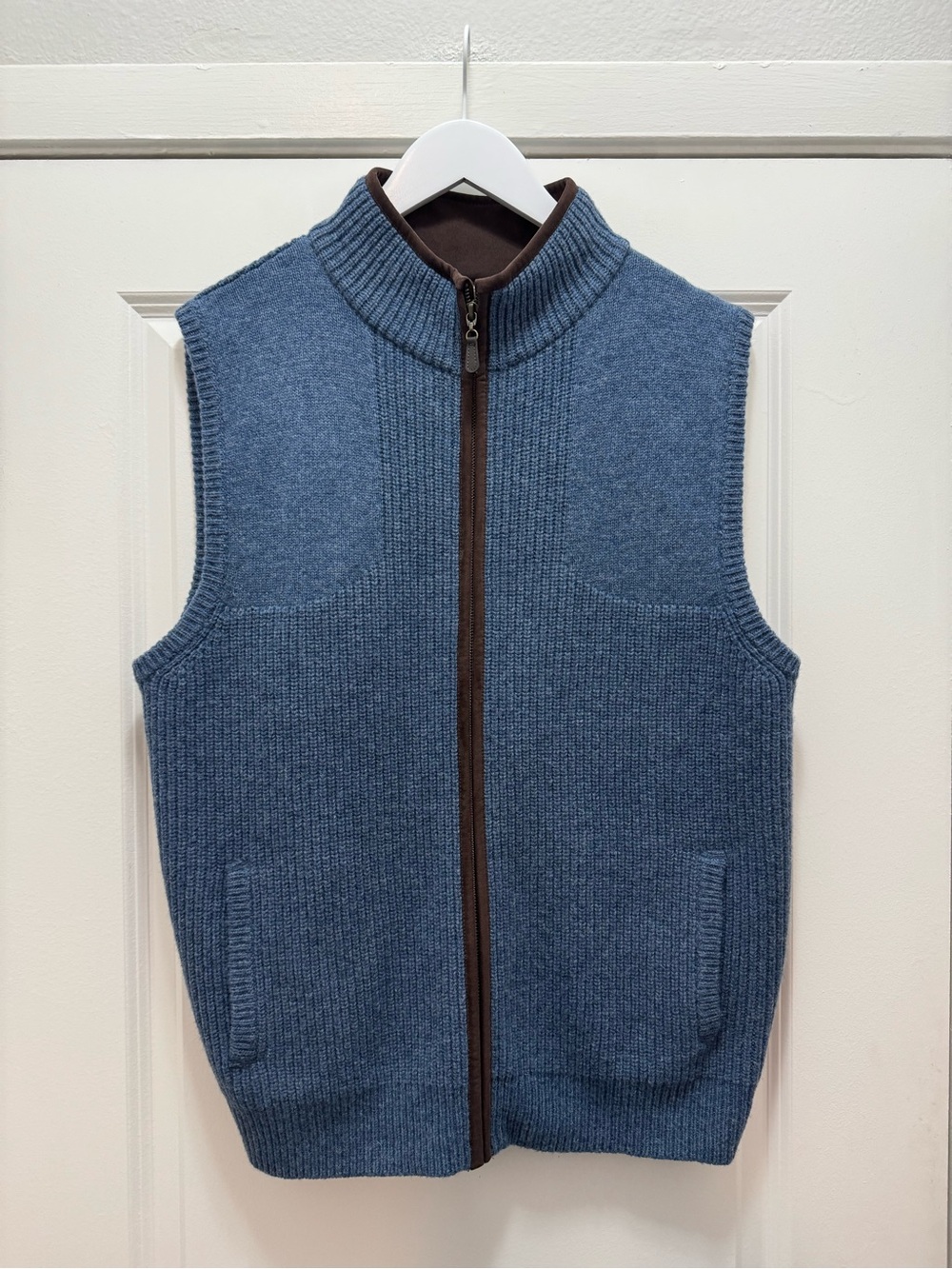 LL Bean Vest Blue Merino Lambswool Full Zip Ribbed Knit Mock Neck